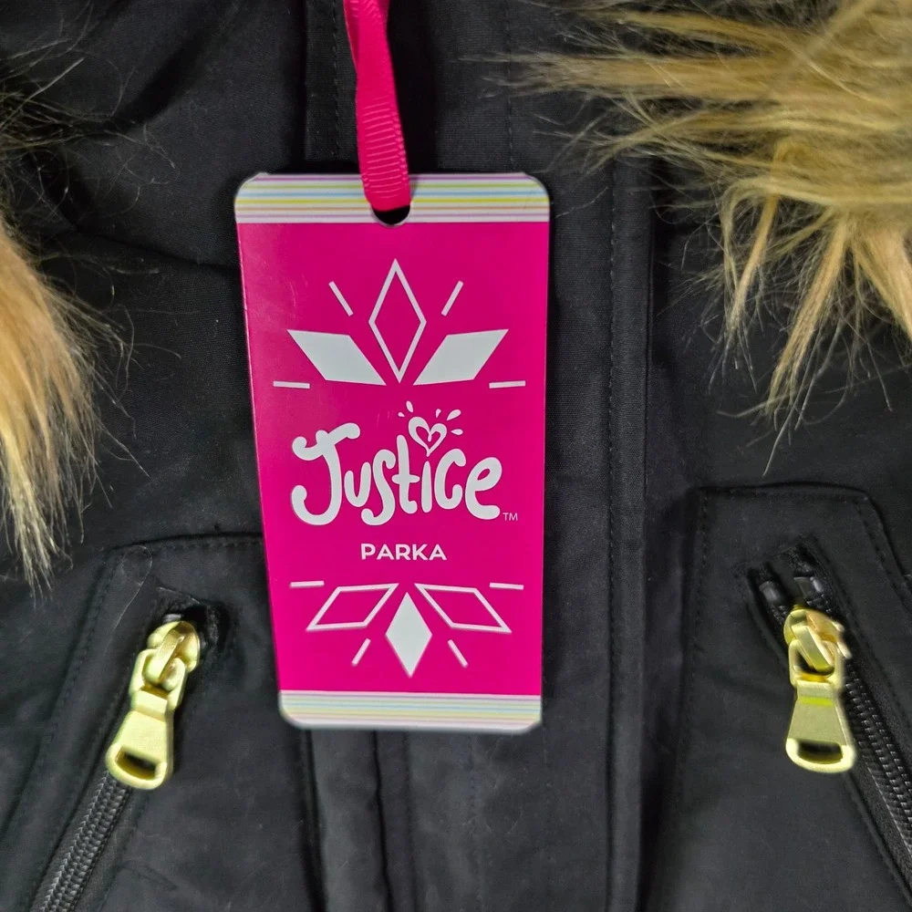 Justice Girls Black Parka Jacket Faux Fur Hood Sherpa Lined Size XS 5/6 NWT